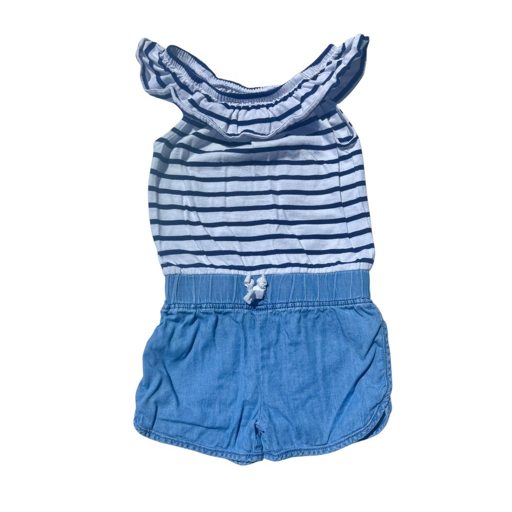 OshKosh B'gosh Romper Toddler 2T Blue White Excellent Striped Ruffle Chambray‎